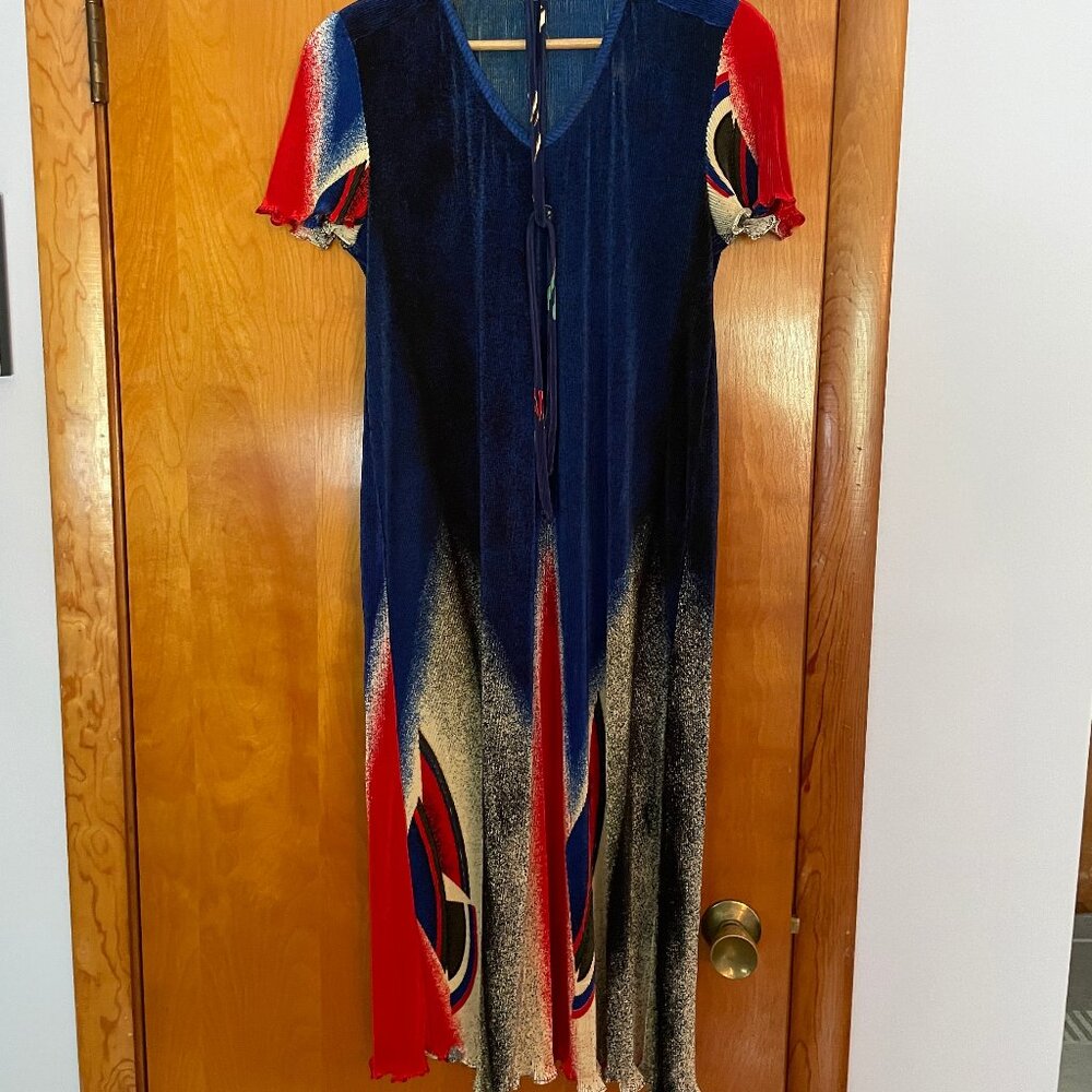 Vintage Red, White, Blue Pleated Dress w/ tie belt